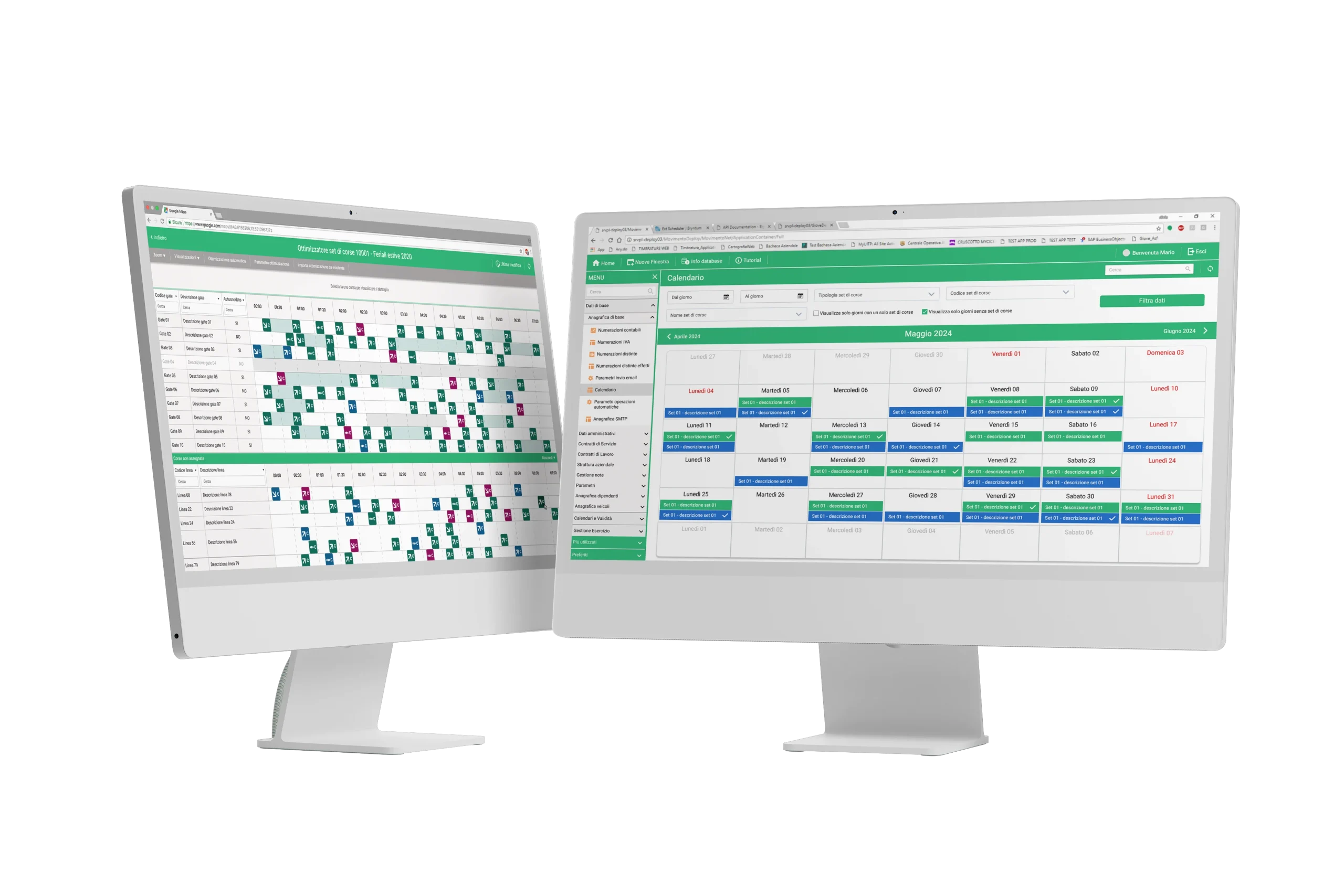 Software di gestione autostazione su schermi desktop, con visualizzazione di pianificazione e calendario delle attività.