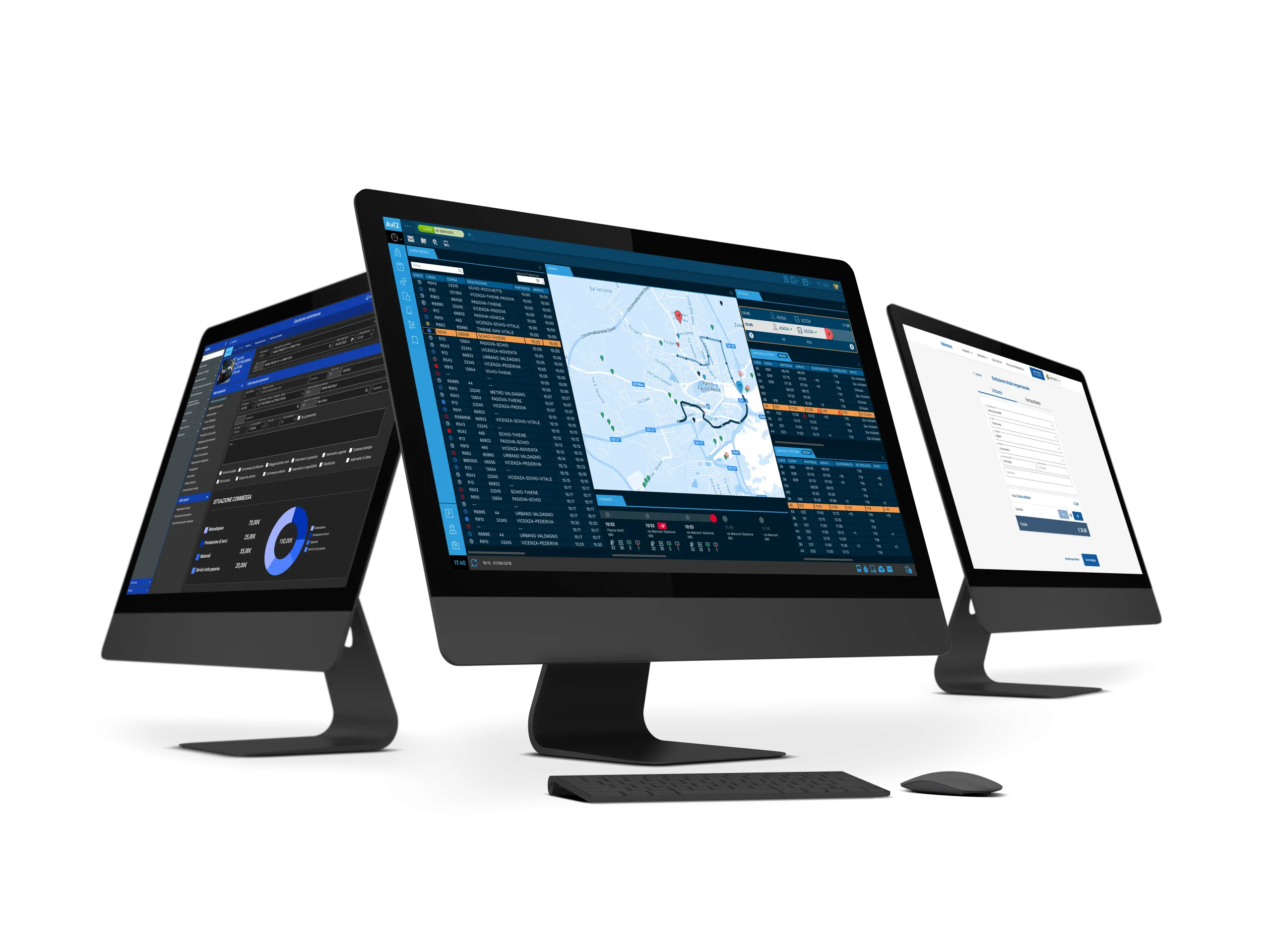 Tre schermi che mostrano interfacce software per la gestione della mobilità e del trasporto pubblico, con dashboard, mappe e moduli di analisi dati.