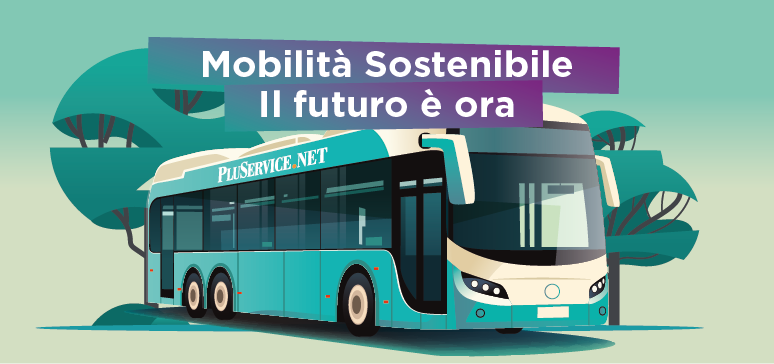 Illustrazione di un autobus elettrico con il logo Pluservice.net, ambientato in un paesaggio naturale con alberi sullo sfondo.