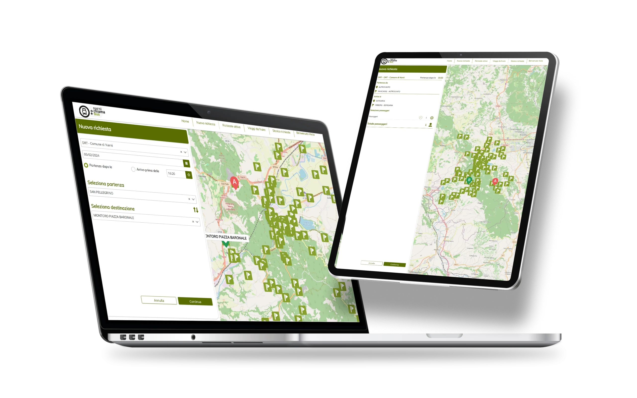 Interfaccia del software trasporto a chiamata di Pluservice su tablet e laptop con mappe interattive e opzioni di prenotazione.