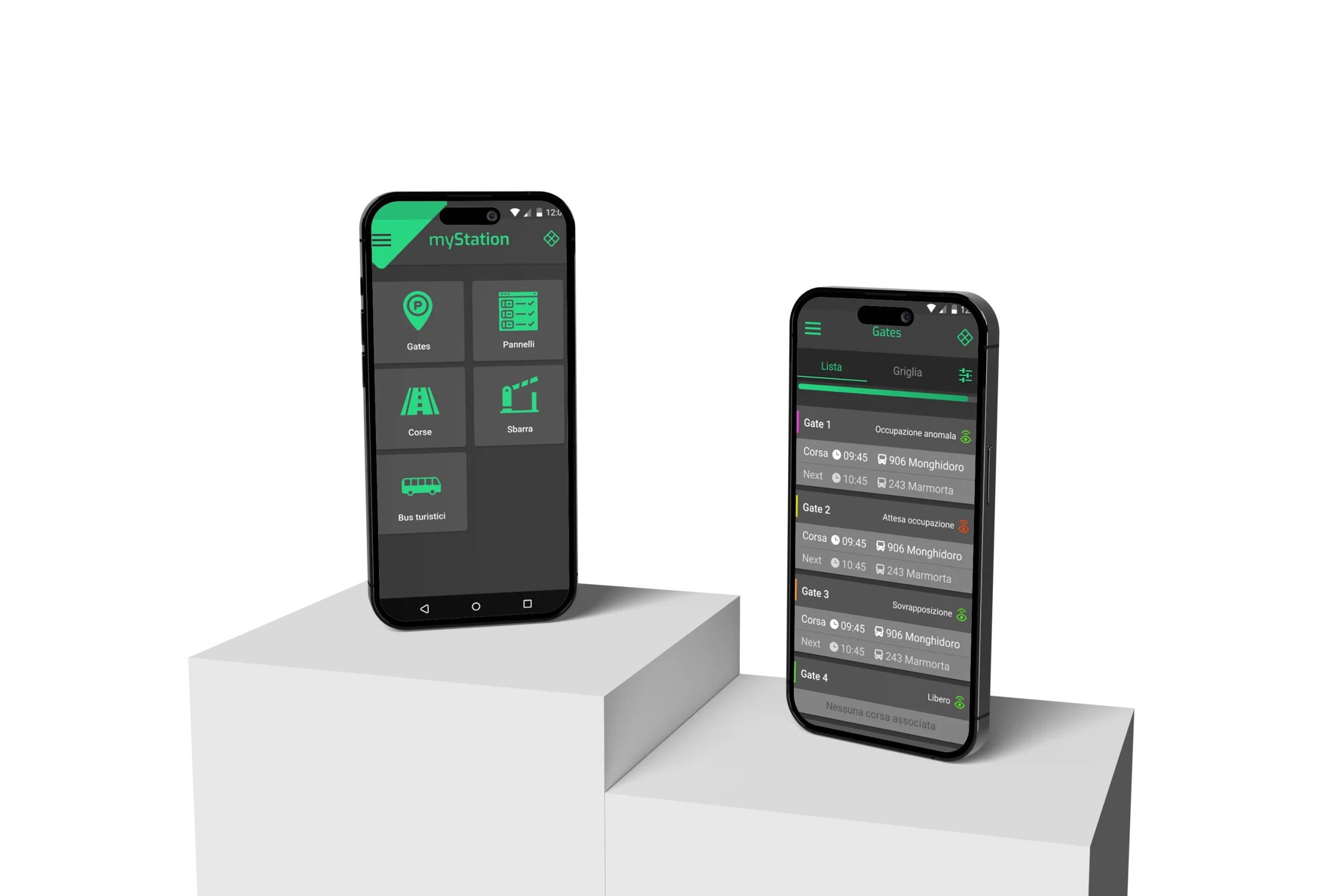 Interfaccia dell’app mobile myStation per la gestione dell’autostazione, con funzionalità come gestione gates, corse e pannelli informativi.